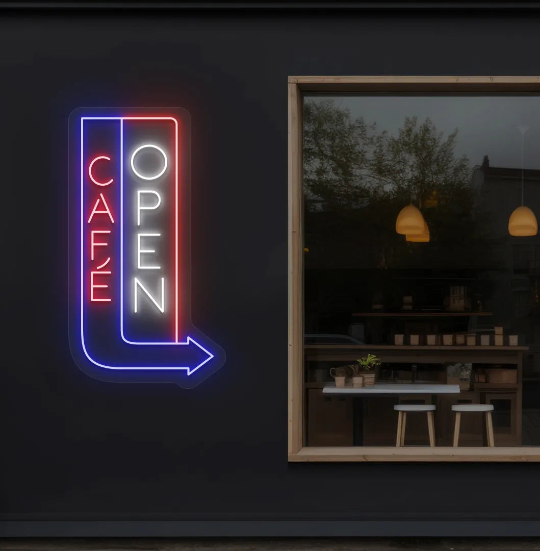 Image of a modern cafe wall featuring Cafe Open with arrow neon sign glowing white.