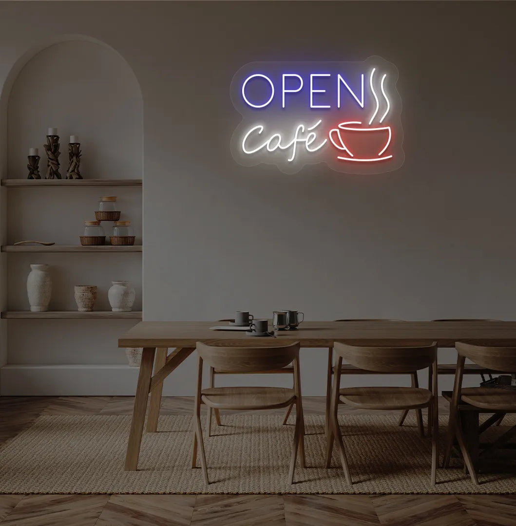 Image of a modern cafe wall with cafe open with cup neon sign glowing blue.