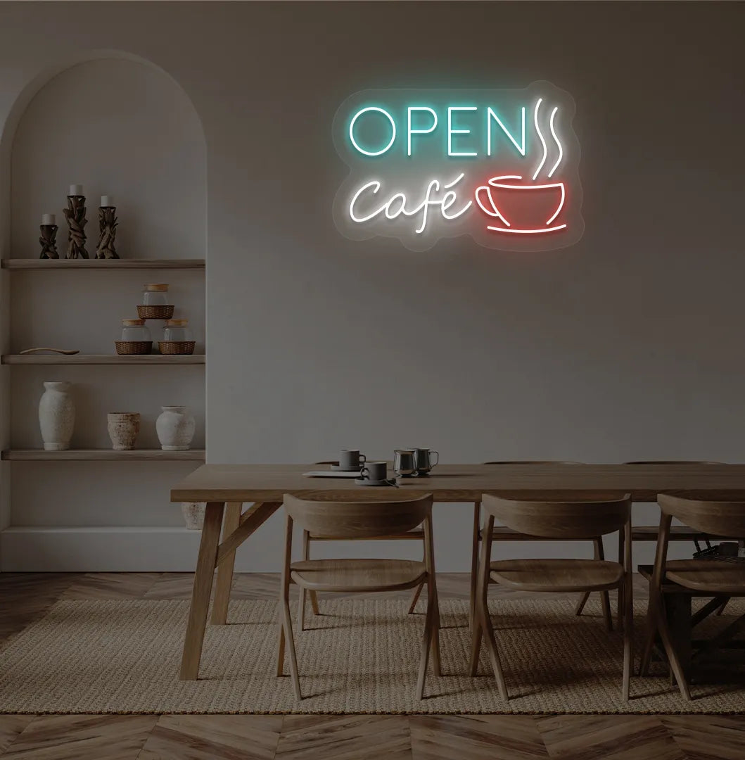 Image of a modern cafe wall with cafe open with cup neon sign glowing ice blue.