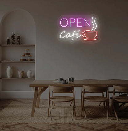 Image of a modern cafe wall with cafe open with cup neon sign glowing pink.