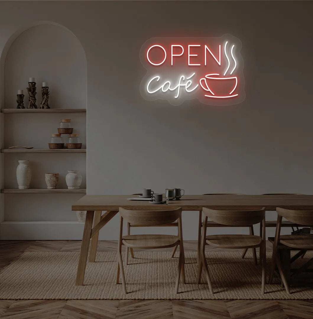 Image of a modern cafe wall with cafe open with cup neon sign glowing red.