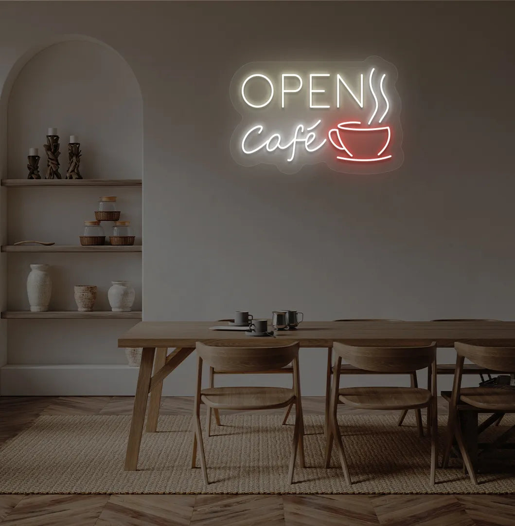 Stylish cafe open with coffee cup neon light in warm white mounted on cafe wall.