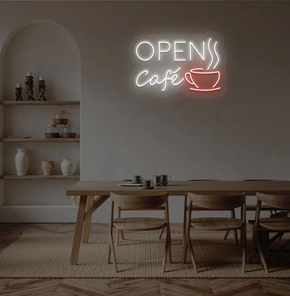 Image of a modern cafe wall with cafe open with cup neon sign glowing white.