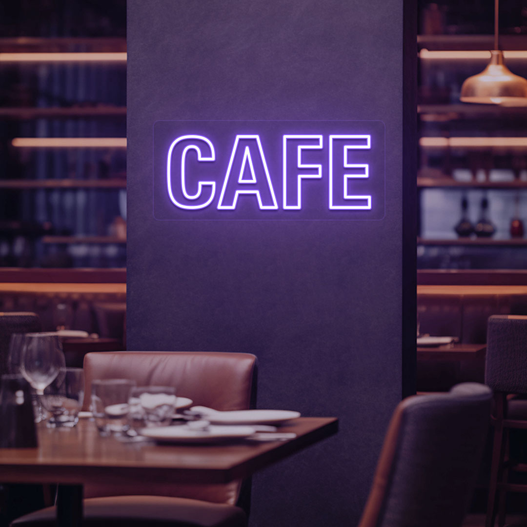 A stylish purple LED cafe neon sign is glowing on the cafe wall. Perfect for coffee shops and home coffee corners.