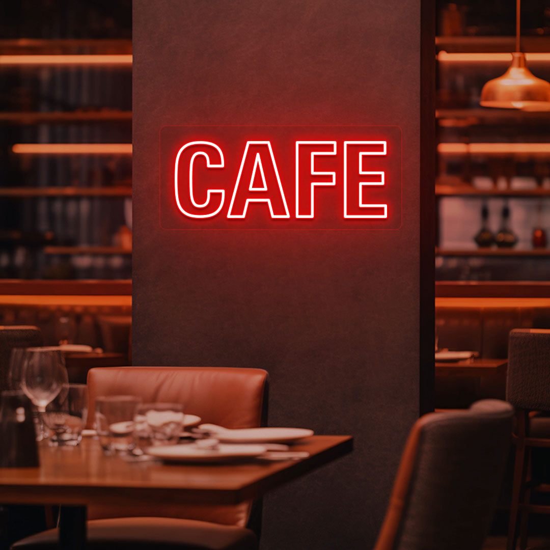 Image of a cafe LED neon sign mounted on a cafe wall in red color.