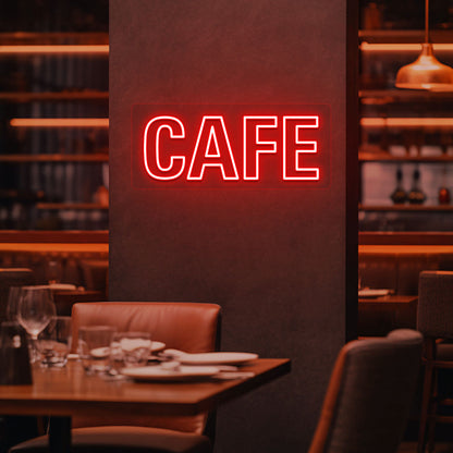 Image of a cafe LED neon sign mounted on a cafe wall in red color.