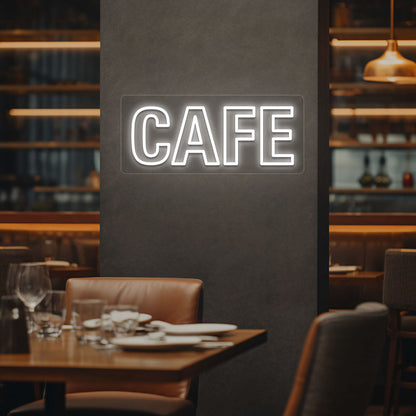 A stylish white LED cafe neon sign is glowing on the cafe wall. Perfect for coffee shops and home coffee corners.