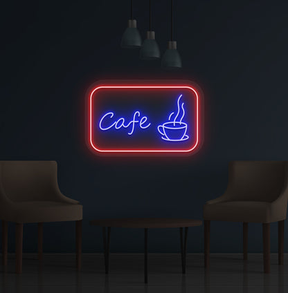 Image of a cafe LED neon sign with coffee cup mounted on wall in blue color.