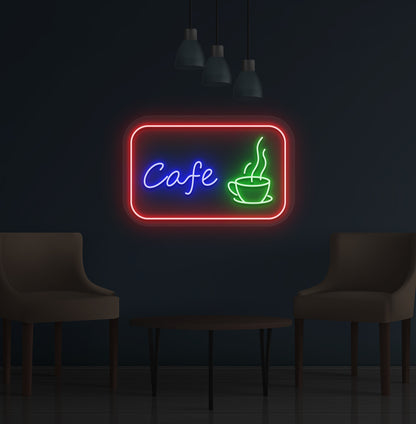 Coffee shop wall with cafe cup LED neon sign in green color.