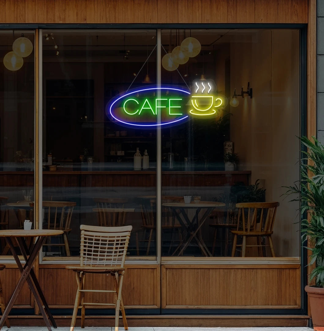 Image of a cafe cup neon sign glowing green on cafe door.