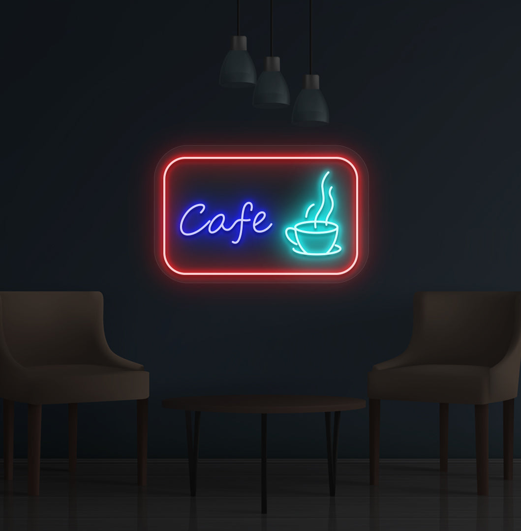 Image of a cafe LED neon sign with coffee cup mounted on wall in ice blue color.