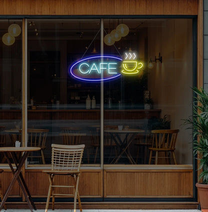 Modern wall decor with cafe cup neon sign glowing ice blue.