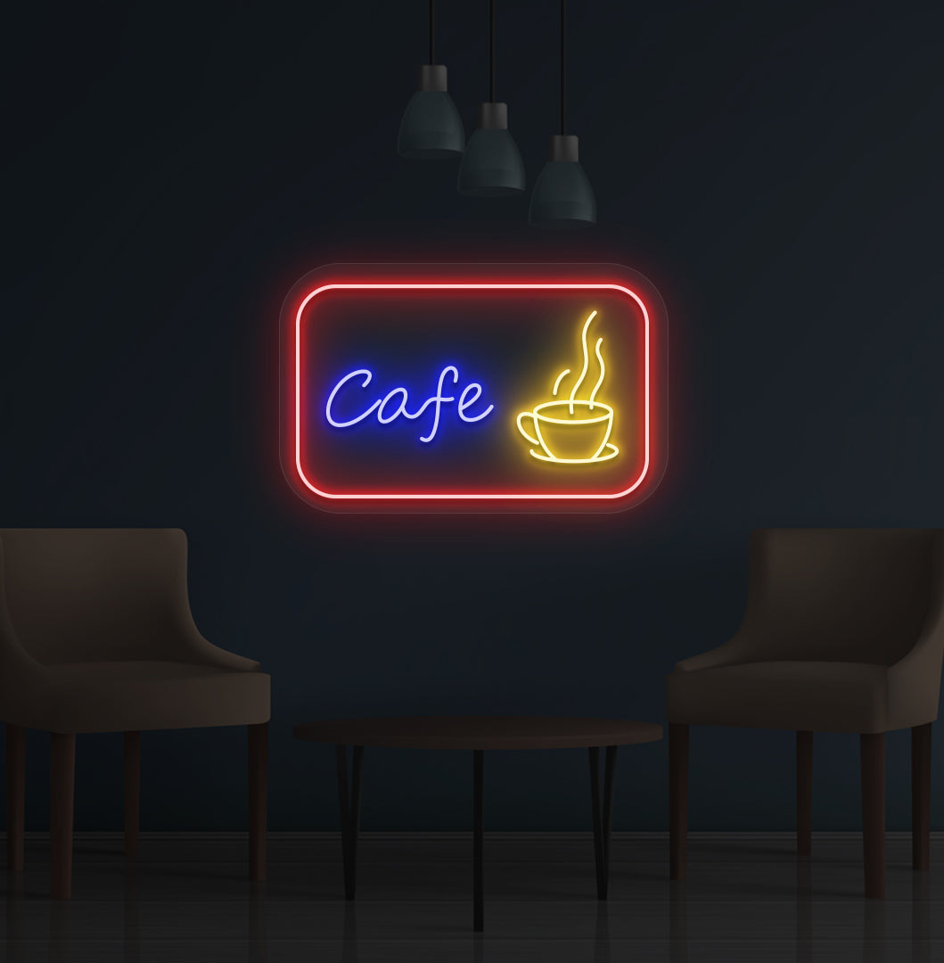 Coffee shop wall with cafe cup LED neon sign in orange color.