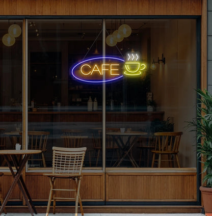 Image of a cafe cup neon sign glowing orange on cafe door.