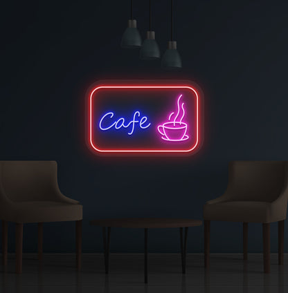 Image of a cafe LED neon sign with coffee cup mounted on wall in pink color.