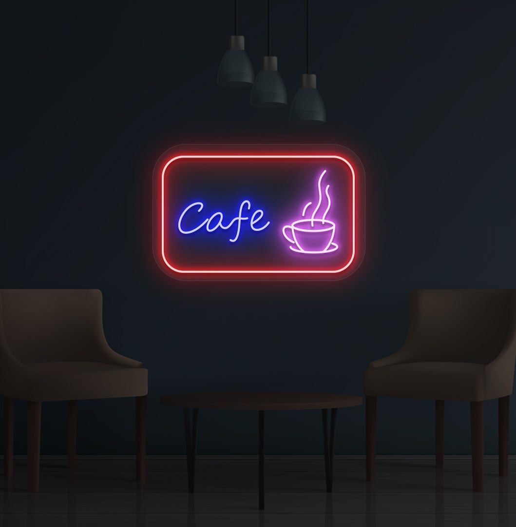 Coffee shop wall with cafe cup LED neon sign in purple color.