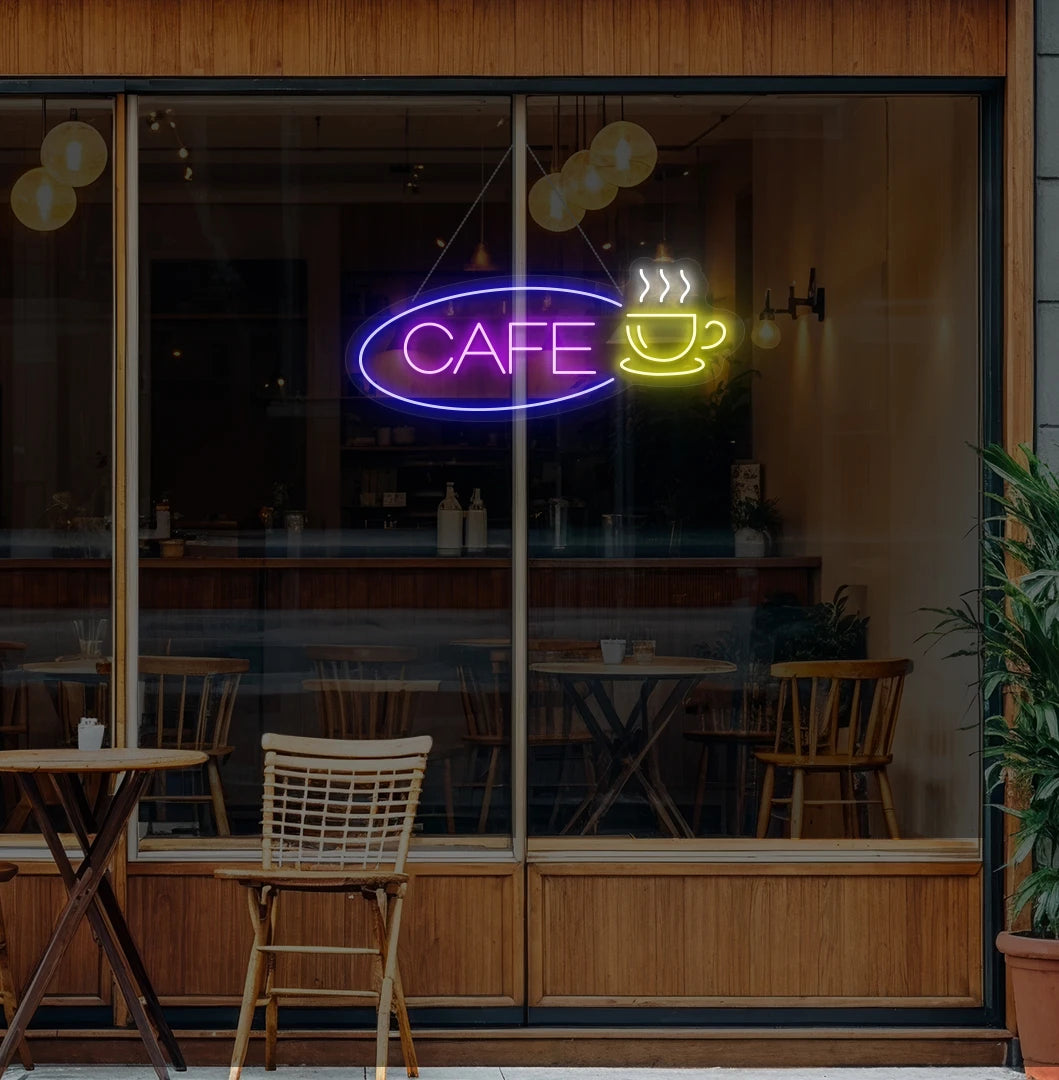 Image of a cafe cup neon sign glowing purple on cafe door.