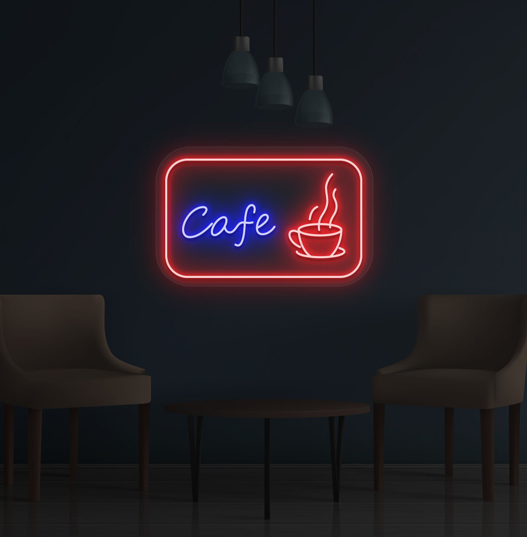 Image of a cafe LED neon sign with coffee cup mounted on wall in red color.