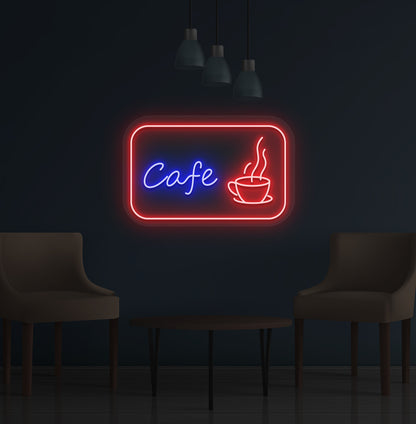 Image of a cafe LED neon sign with coffee cup mounted on wall in red color.