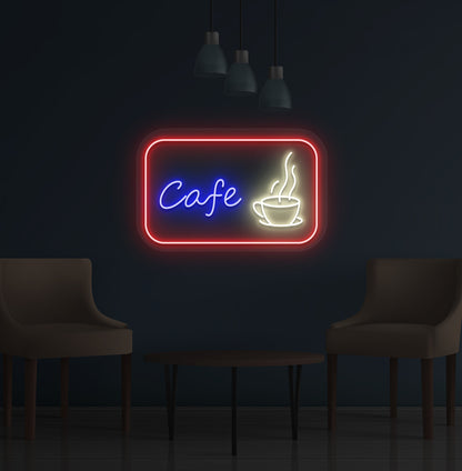 Coffee shop wall with cafe cup LED neon sign in warm white color.