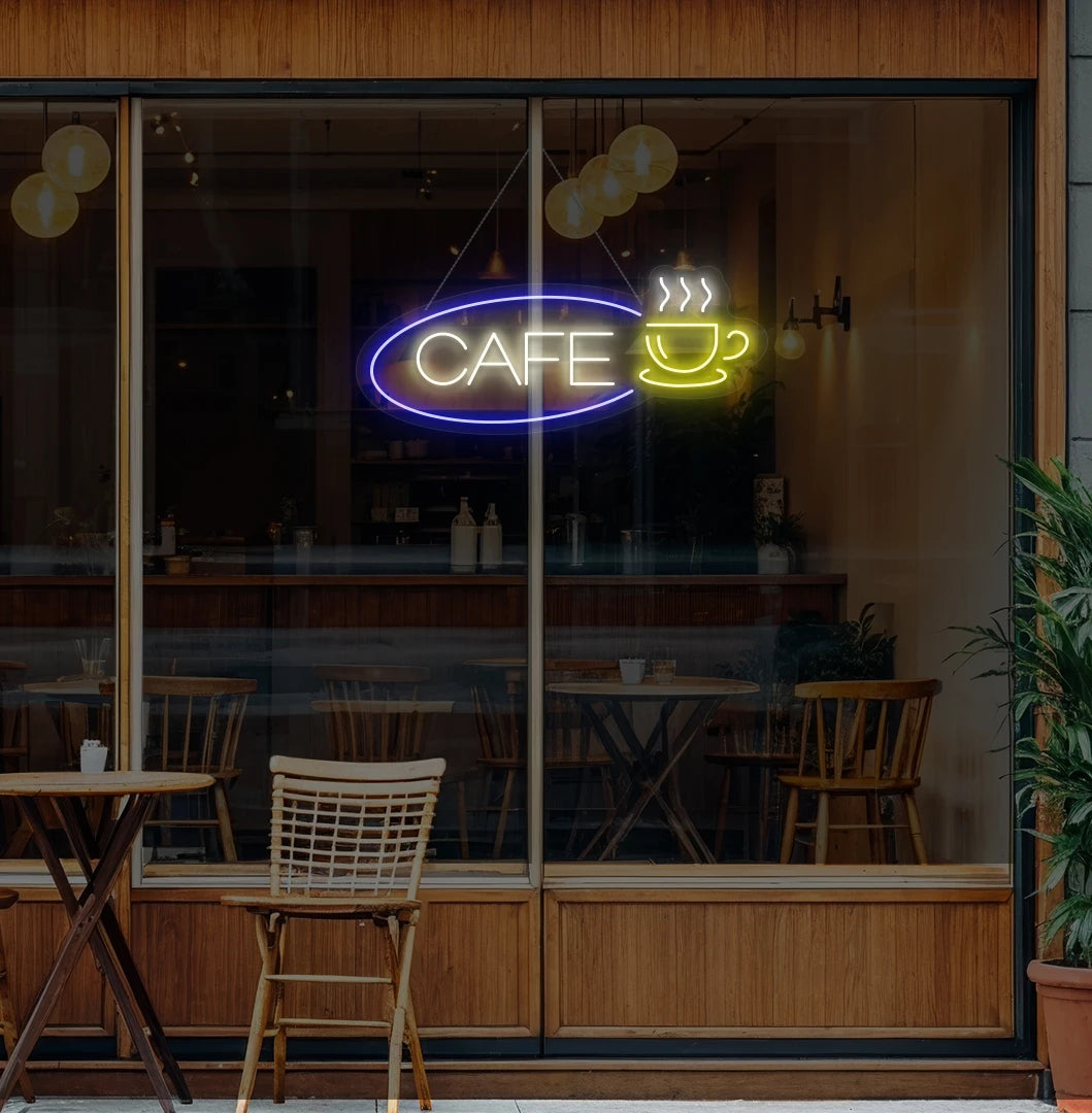 Image of a cafe cup neon sign glowing warm white on cafe door.