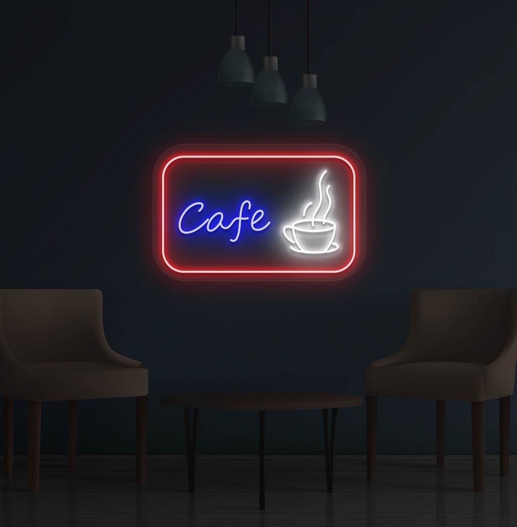 Image of a cafe LED neon sign with coffee cup mounted on wall in white color.