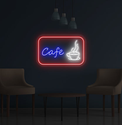 Image of a cafe LED neon sign with coffee cup mounted on wall in white color.