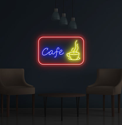 Coffee shop wall with cafe cup LED neon sign in yellow color.