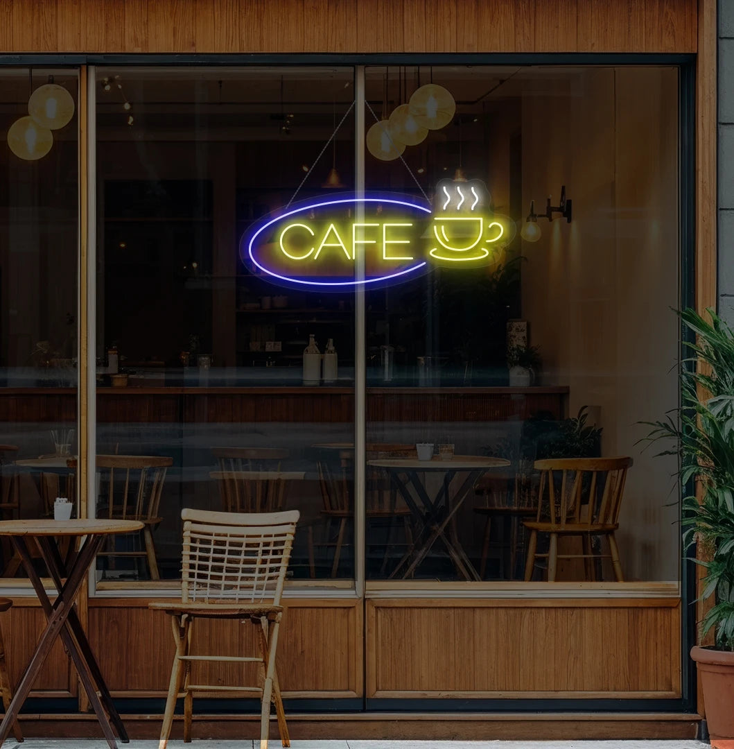 Image of a cafe cup neon sign glowing yellow on cafe door.