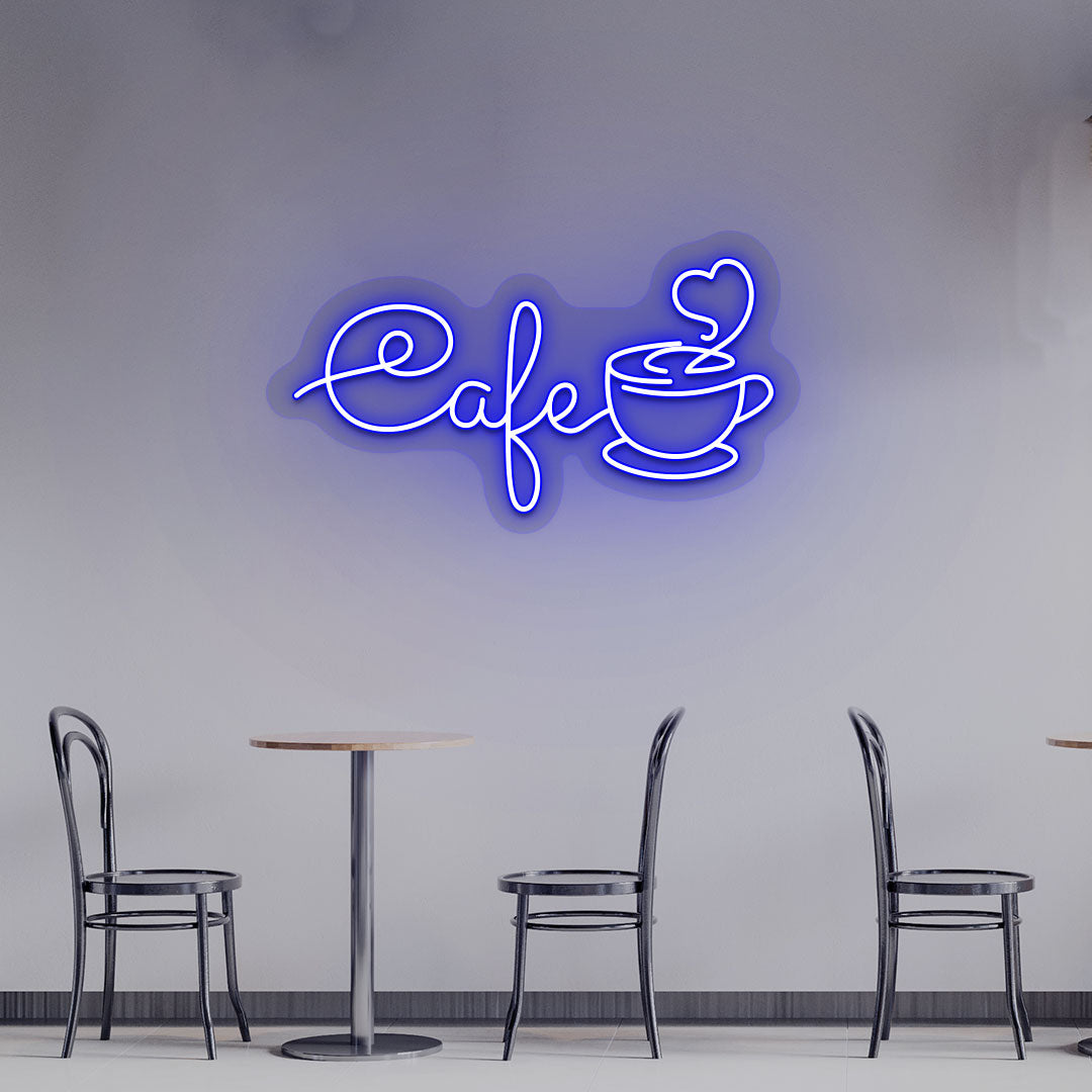 Image of a cafe with a mug LED neon sign hanging on an aesthetic cafe wall in blue color.