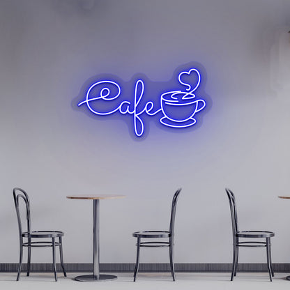 Image of a cafe with a mug LED neon sign hanging on an aesthetic cafe wall in blue color.