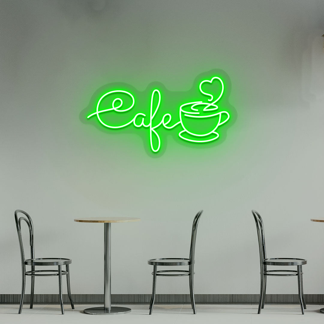 Coffee shop wall decor with green LED cafe neon sign with mug.