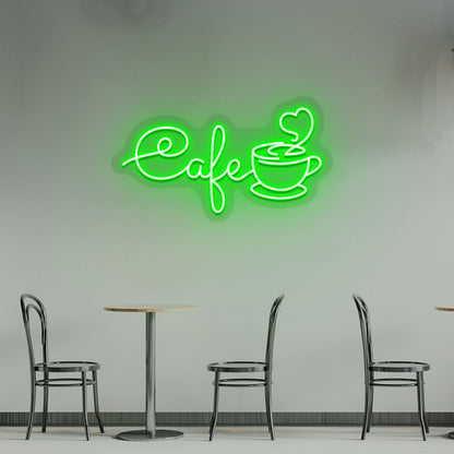 Coffee shop wall decor with green LED cafe neon sign with mug.