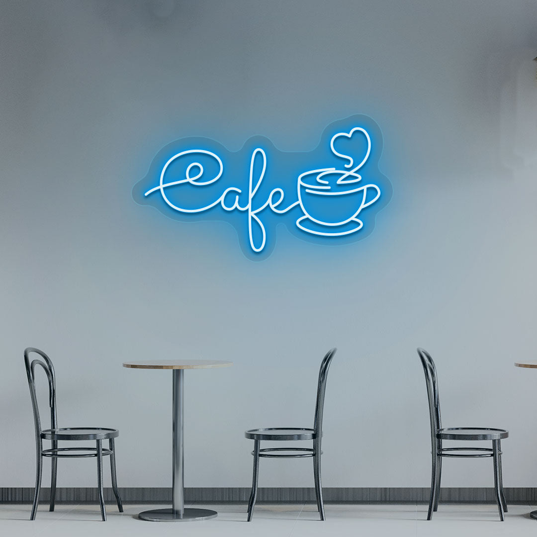 A stylish ice blue LED cafe neon sign with a mug glowing on the cafe wall. Perfect for coffee shops, restaurants & lounges.