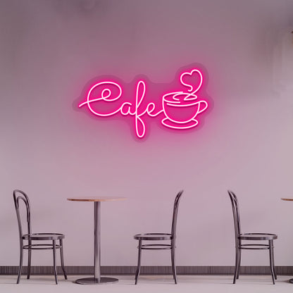 Coffee shop wall decor with pink 
LED cafe neon sign with mug.