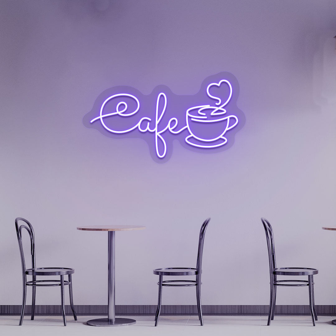 A stylish purple LED cafe neon sign with a mug glowing on the cafe wall. Perfect for coffee shops, restaurants & lounges.