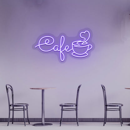 A stylish purple LED cafe neon sign with a mug glowing on the cafe wall. Perfect for coffee shops, restaurants & lounges.