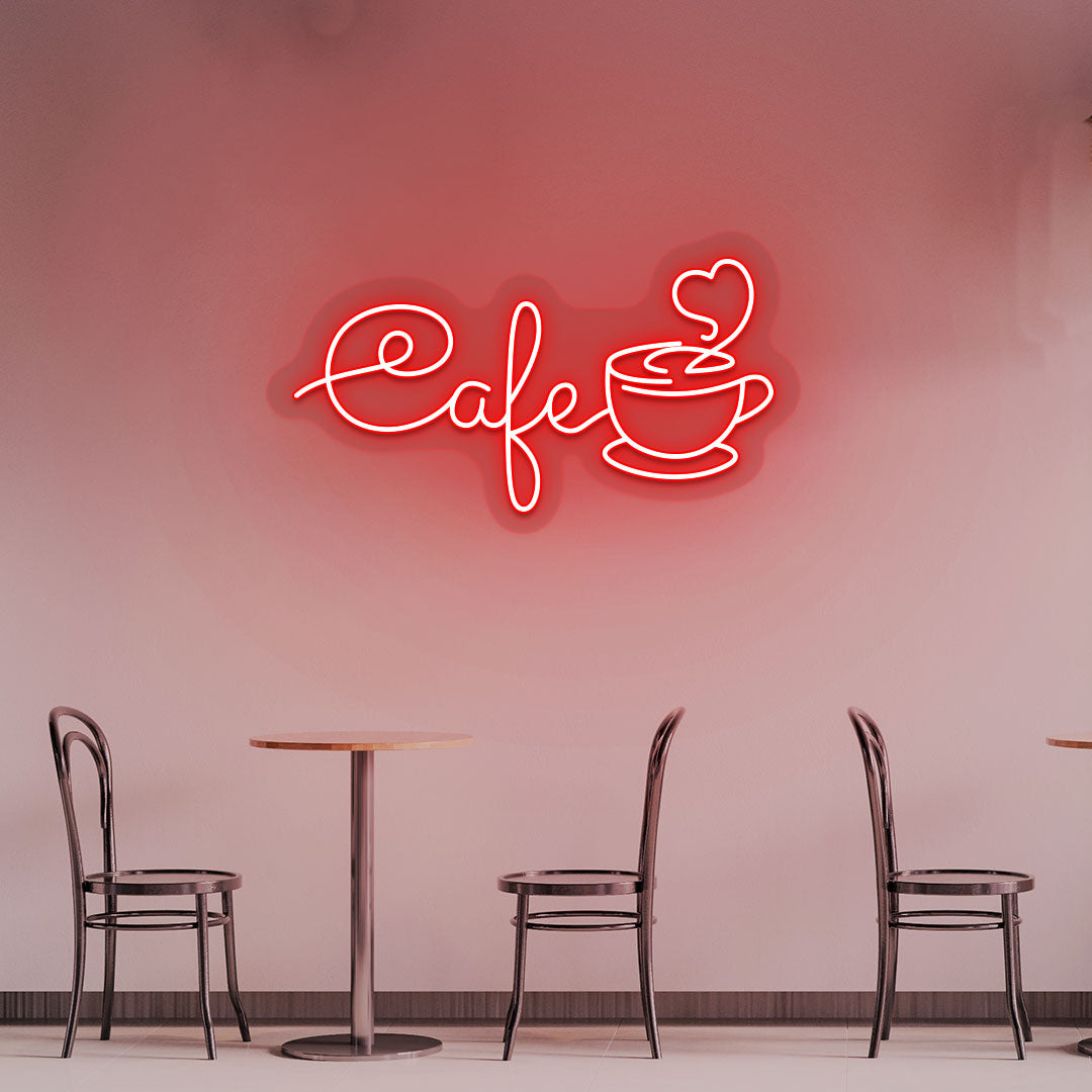 Image of a cafe with a mug LED neon sign hanging on an aesthetic cafe wall in red color.