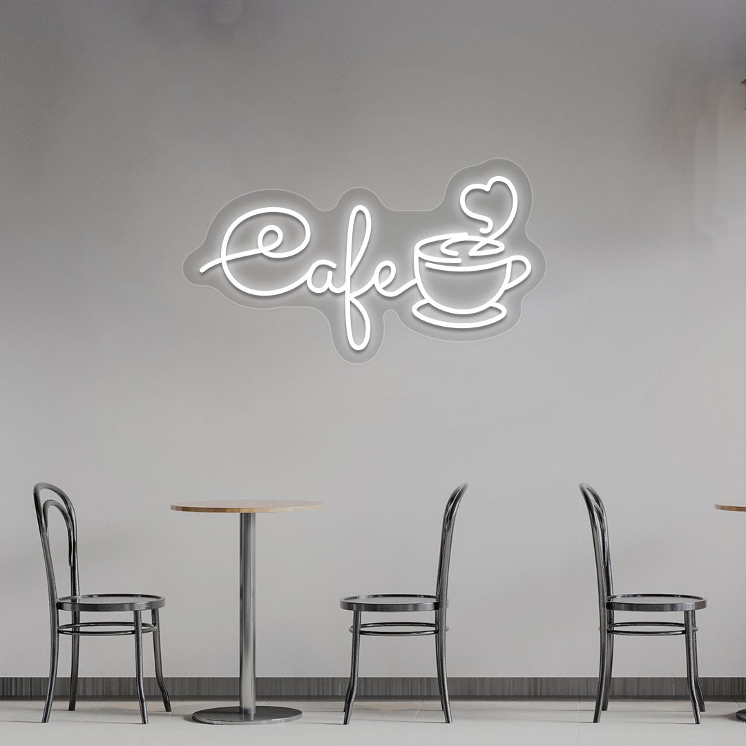 A stylish white LED cafe neon sign with a mug glowing on the cafe wall. Perfect for coffee shops, restaurants & lounges.