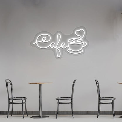 A stylish white LED cafe neon sign with a mug glowing on the cafe wall. Perfect for coffee shops, restaurants & lounges.