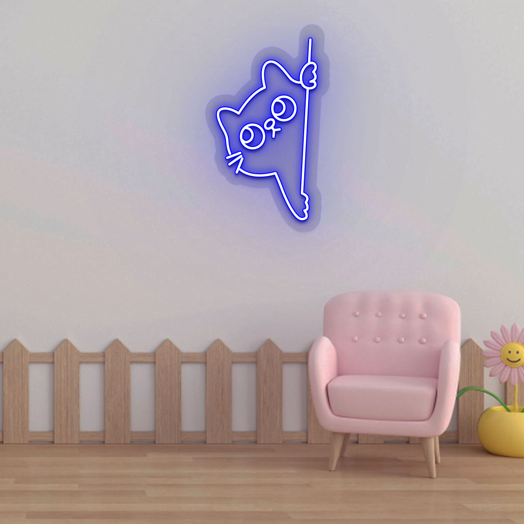 Stylish blue LED cat neon sign peeking design mounted on kids' room wall.