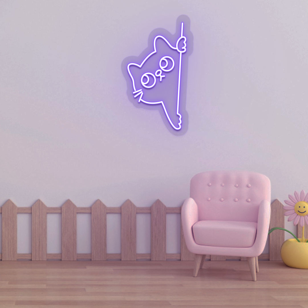 A cute peeking cat purple LED neon sign is glowing on the wall. Perfect for kids’ rooms, nurseries, playrooms, and activity areas.