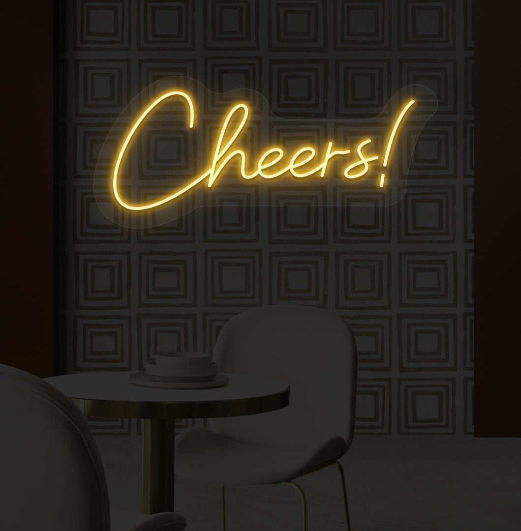 Stylish "Cheers" neon sign, orange LED, on bar wall. perfect for bars, pubs, restaurants, and event decorations.