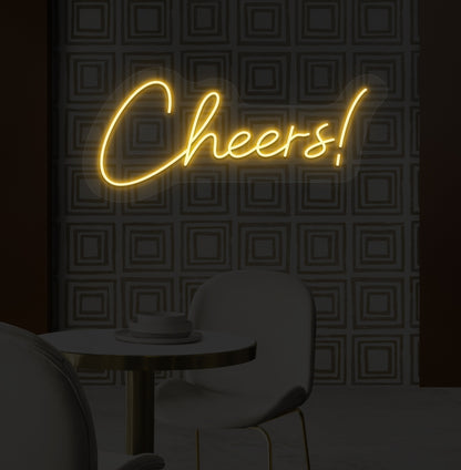 Stylish "Cheers" neon sign, orange LED, on bar wall. perfect for bars, pubs, restaurants, and event decorations.
