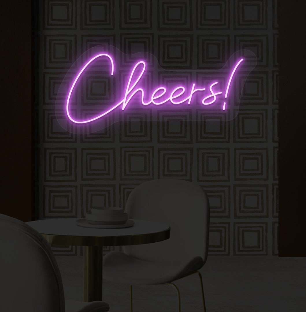 Image of a "cheers" LED neon sign mounted on a modern bar wall in purple color.