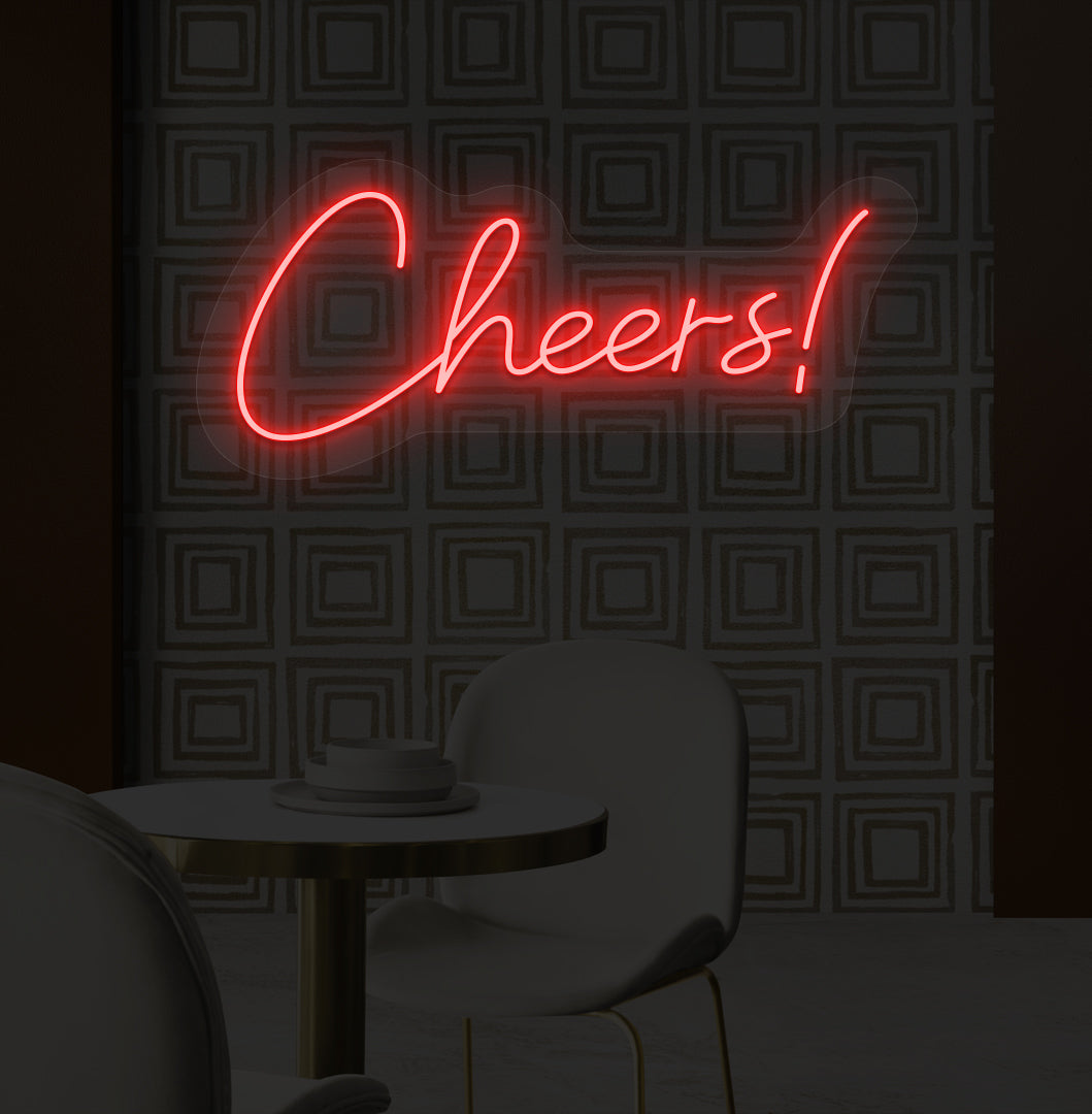 Stylish "Cheers" neon sign, red LED, on bar wall. perfect for bars, pubs, restaurants, and event decorations.