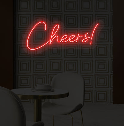 Stylish "Cheers" neon sign, red LED, on bar wall. perfect for bars, pubs, restaurants, and event decorations.