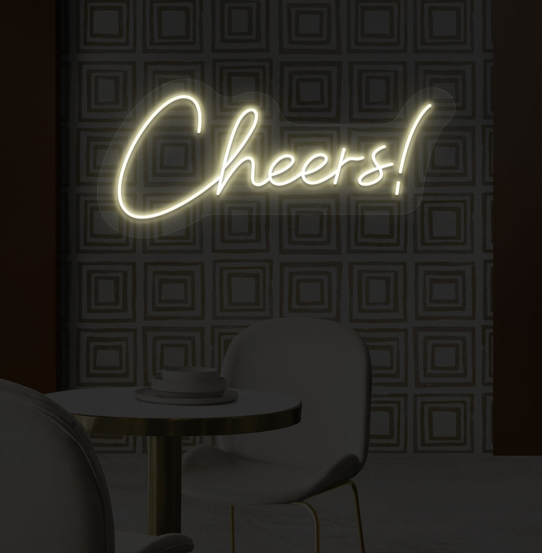 Stylish "Cheers" neon sign, warm white LED, on bar wall. perfect for bars, pubs, restaurants, and event decorations.