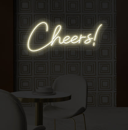 Stylish "Cheers" neon sign, warm white LED, on bar wall. perfect for bars, pubs, restaurants, and event decorations.