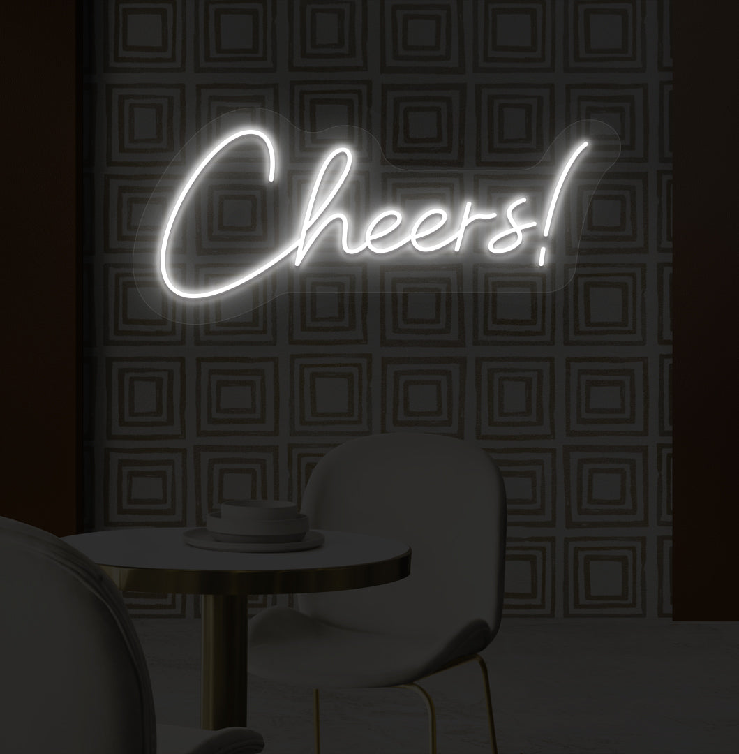 Decorative white LED cheers neon sign glowing on bar wall.